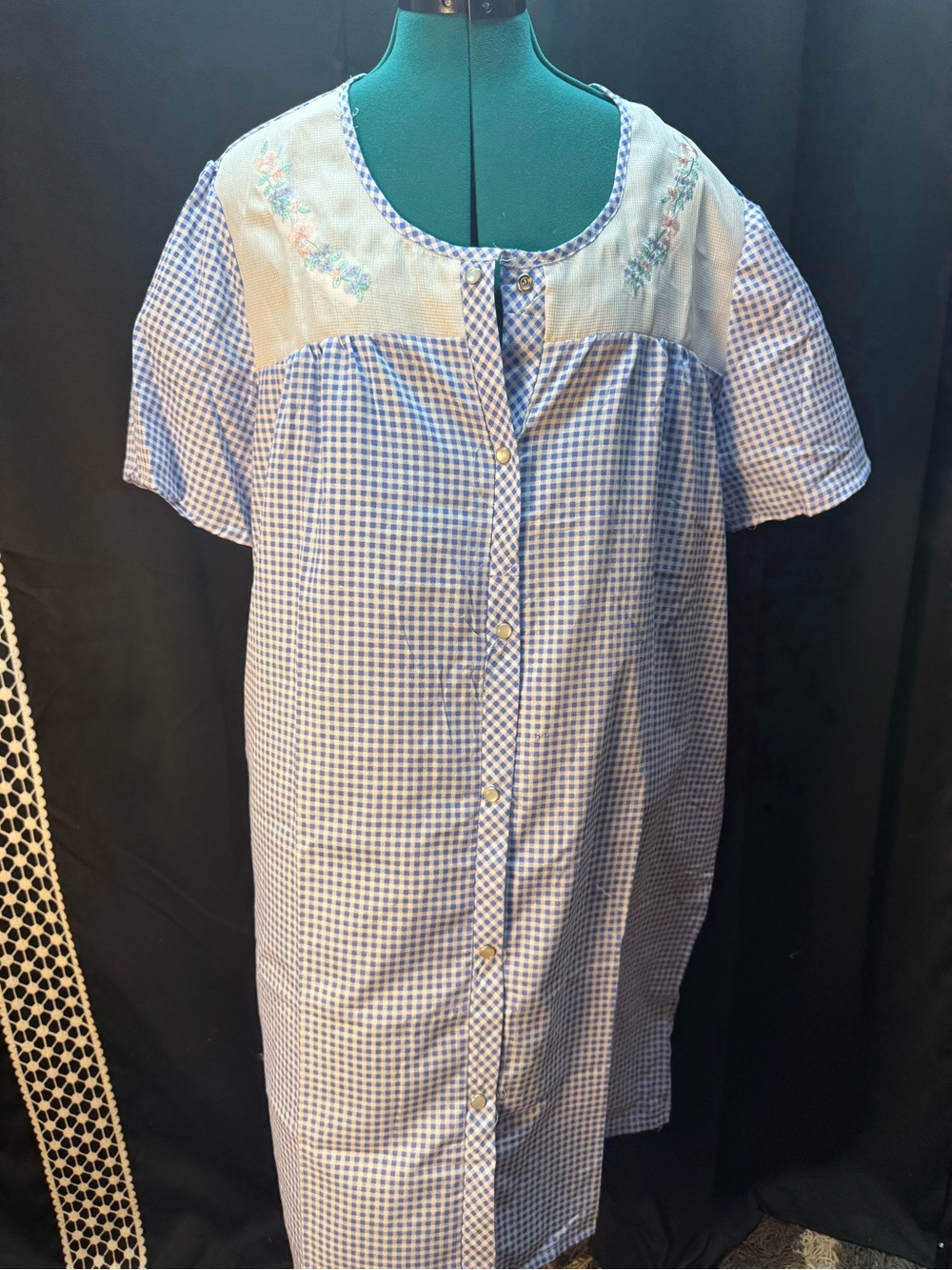 Blue Button-Front Snap Housecoat with Embroidered Yoke